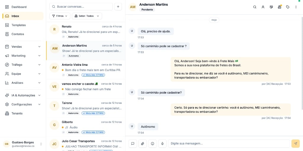 Inbox do Nevoa Manager com tags Meta Ads CTWA